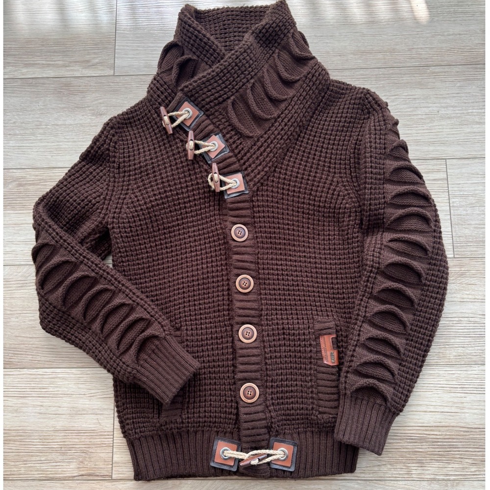 LCR Black Edition Mens Brown Waffle Knit Toggle Button Cardigan Sweater Large